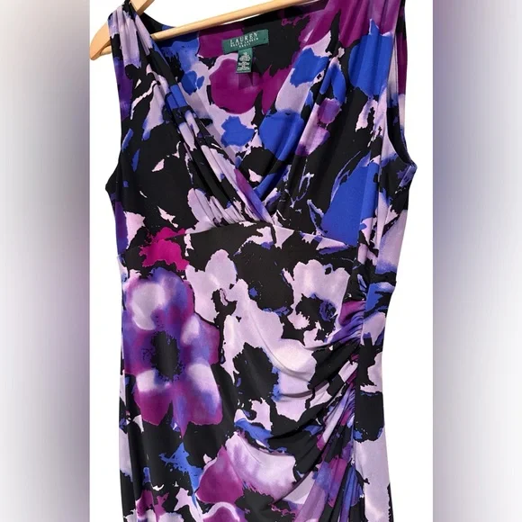 Lauren Ralph Lauren Floral Ruched Sheath Dress Purple Blue Surplice Neck Size 10 - Picture 8 of 9